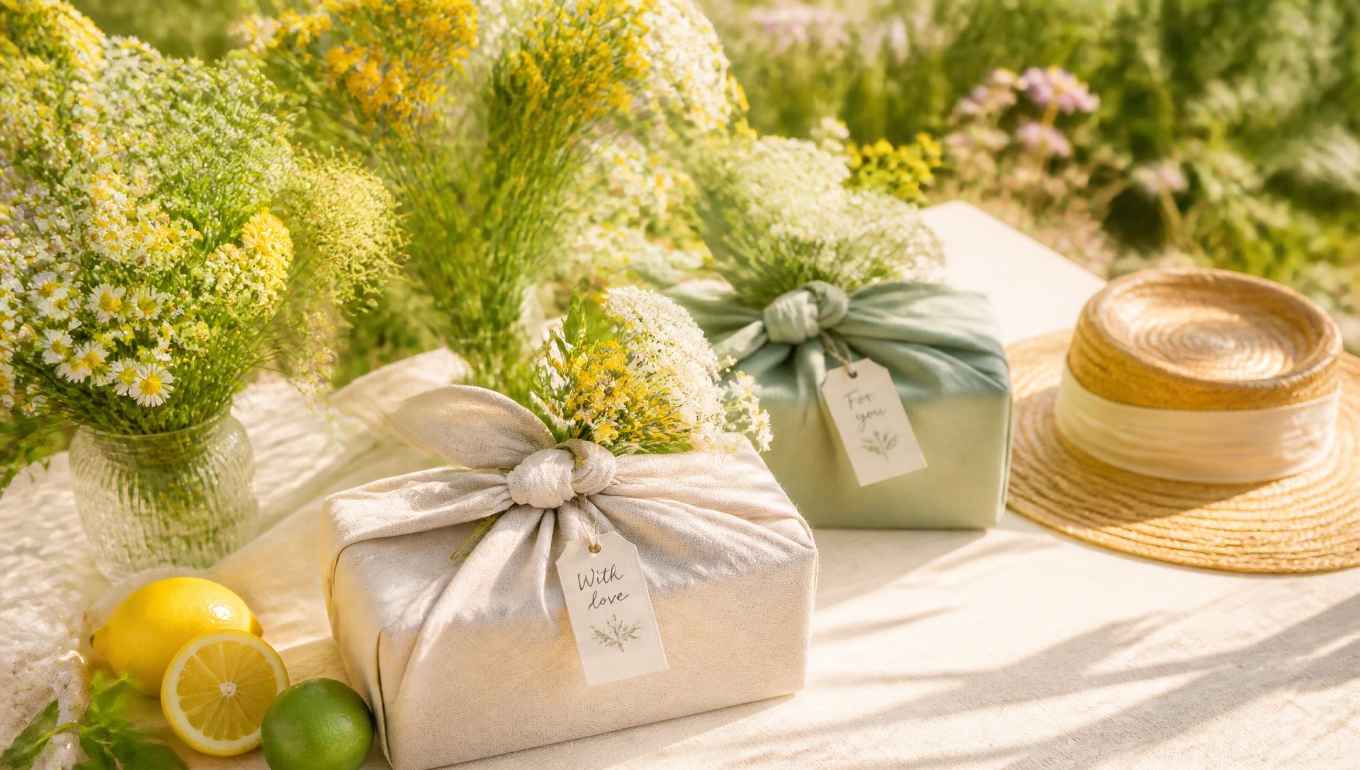 Presenter i ljust tyg bland sommarblommor och citroner i solsken